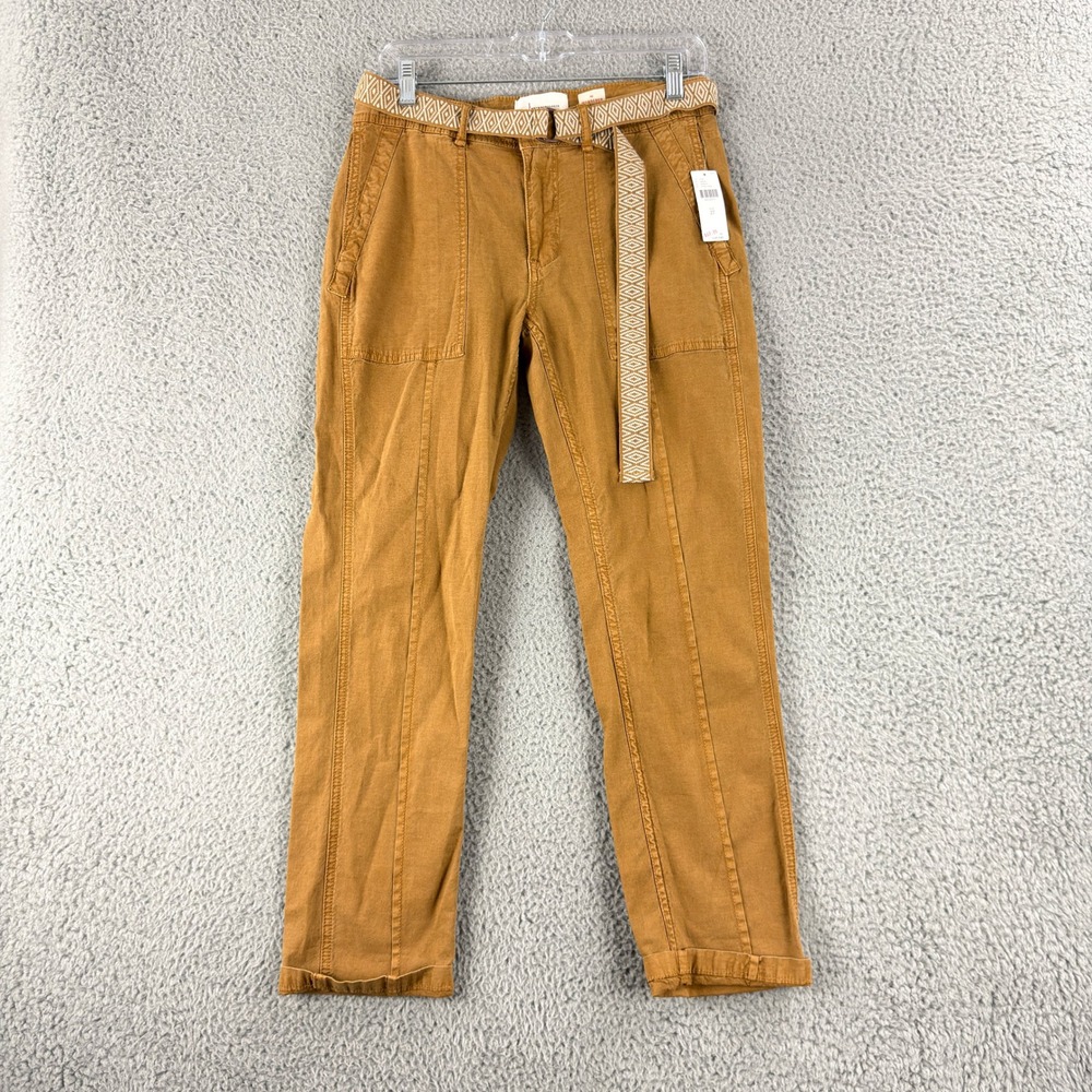 Anthropologie The Wanderer Pants Womens 27 Honey Brown Belted Cotton Linen Blend